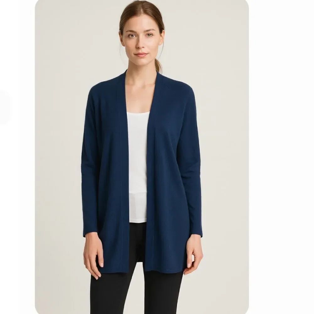 St. John 100% Wool Navy Blue Open Front Longline Cardigan Size Medium Classic